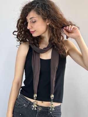 Ayı Uçlu Kahverengi  Penye Kadın Fular Aksesuar 170 cm