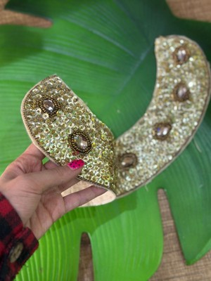 Gönülden Tasarım Sarı Pul Işleme Taşlı Yaka Dikiş Aksesuarı Aplike 25X6 cm