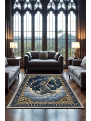 Homshtag Art Deko Renkli Zeus Temalı Mavi Renkli Halı Zeus Desenli Halı Modern Dijital Baskılı Halı
