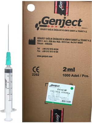 Genject - 2 ml 3parça 21G 0.80 x 38MM Enjektör - 1000 Adet