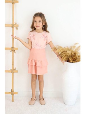 Deniz Home Wear Şıklık Durağı Yazlık Kısa Kollu T-Shirt & Etek 2 Parça Kız Çocuk Etekli Takım