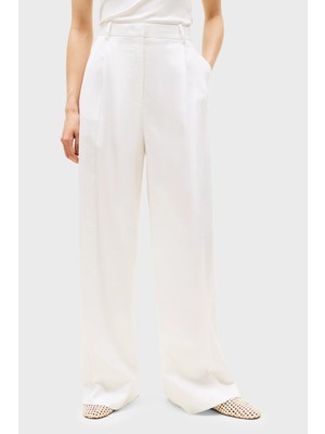 Tommy Hilfiger Keten Karışımlı Relaxed Fit Yüksek Bel Geniş Paça Kumaş Pantolon Bayan Pantolon WW0WW47214 Z00