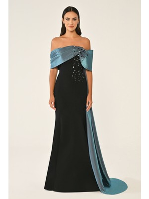 Düşük Omuz Üst Aksesuarlı Kuyruklu Krep Elbise Abiye Alfa Beta