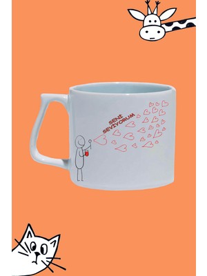 Seni Seviyorum Uçan Kalp Balonları Tasarım Baskılı Beyaz Lüks Sap Kupa Bardak