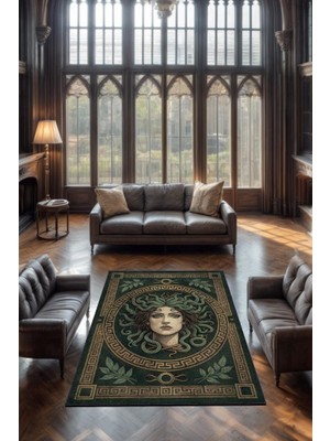 Homshtag Art Deko Renkli Medusa Temalı Yeşil Renkli Halı Medusa Desenli Halı Modern Halı