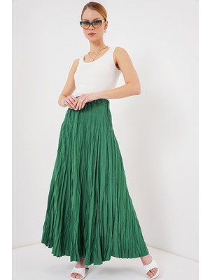 Kadın Uzun Kırışık Etek 8042 - Zümrüt Yeşili