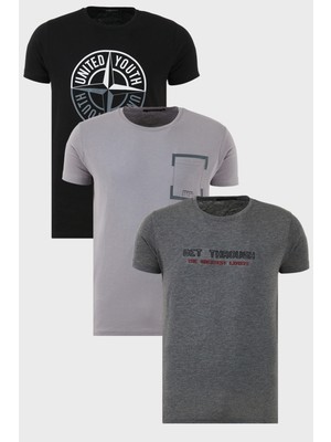 Buratti Pamuklu Slim Fit Bisiklet Yaka Baskılı 3'lü Paket T Shirt Erkek T Shirt 541S31
