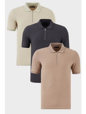 Buratti Pamuklu Regular Fit Yarım Fermuarlı 3'lü Paket Polo Yaka T Shirt Erkek Polo Yaka T Shirt 5902434S3