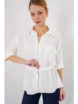 Fermuarlı Kadın Gömlek 0721 - Beyaz