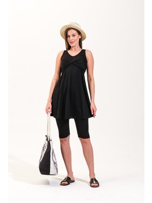 2257_KADIN 2'li Takım Taytlı Çapraz Bantlı Askılı Elbise Deniz/havuz Mayosu