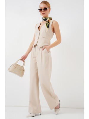 6709 Kadın Yelek Pantolon Ikili Takım - Krem