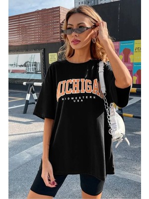 Cakkey Kadın Siyah Oversize Michigan Baskılı Bisiklet Yaka T-Shirt