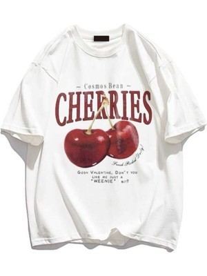 Cakkey Red Cherries Baskılı Oversize Tshirt Kısa Kol Erkek Günlük Stil İnce Kumaş Beyaz