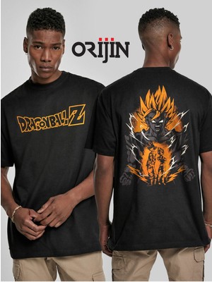 Cakkey Dragon Ball Z Goku Super Saiyan Ön Arka Baskılı  Siyah Tshirt