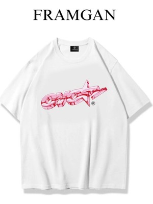 Cakkey Kadın Pembe Cvc Star Baskılı Pamuklu Beyaz T-Shirt