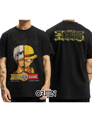 Cakkey One Piece Pirate Alliance Heart Pirates Strawhat Pirates Ön Arka Baskılı  Siyah Tshirt
