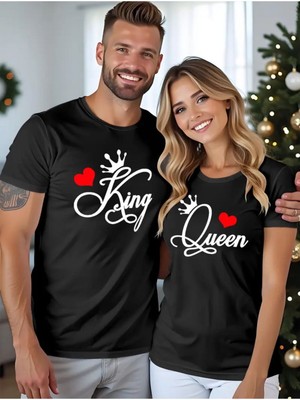 Cakkey King Quen Baskılı Çift Kombini Pamuk Yuvarlak Yaka Siyah T-Shirt