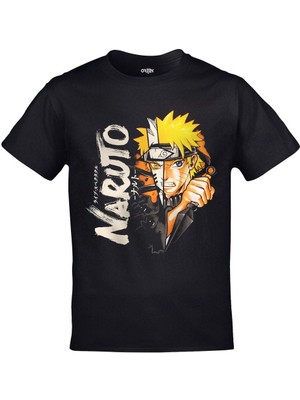 Cakkey Naruto Split Face Baskılı  Siyah Tshirt