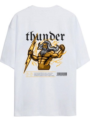 Cakkey Thunder Sırt ve Ön Baskılı %100 Pamuk Oversize Beyaz T-Shirt