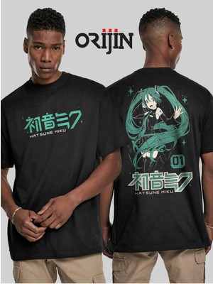 Cakkey Hatsune Miku CV01 Vocaloid Ön Arka Baskılı Unisex Siyah Tshirt