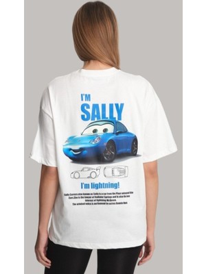 Cakkey I'm Sally Şimşek Mcqueen Cars Arabalar Ön Arka Baskı Detaylı Couple Oversize  T-Shirt Tişört