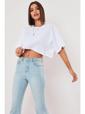 Cakkey Beyaz %100 Pamuk Bisiklet Yaka Oversize Crop T-Shirt