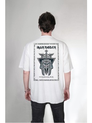 Cakkey Iron Maiden Powerslave Kurukafa Ön-Arka Taraf Baskılı Yazılı Özel Tasarım Over-Size () T-Shirt
