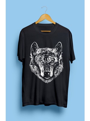 Cakkey Oversize Siyah Beyaz Kurt Temalı Tasarım Baskılı Unisex Tişört