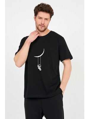 Cakkey Siyah Bol Kesim Pamuklu Erkek TShirt Kısa Kol Günlük Stil Grafik Desenli