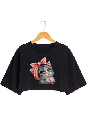 Cakkey Kadın Sevimli Minik Kedi Baskılı Oversize Crop T-Shirt Kısa Kol Günlük Stil Siyah