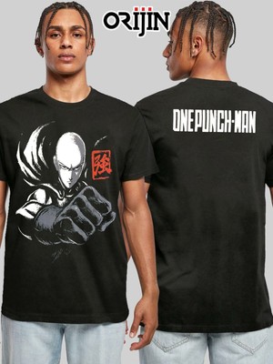 Cakkey One Punch Man Saitama Ön Arka Baskılı  Siyah Tshirt