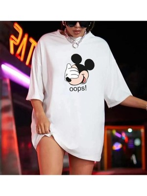 Cakkey Unisex Tasarım Baskılı Micky Mouse Oops! Oversize %100 Pamuk T-Shirt