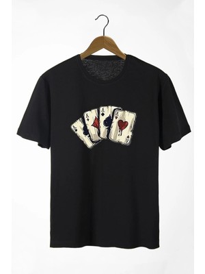 Cakkey Hunors -  Önü Iskambil Kağıdı Baskılı Bisiklet Yaka Oversize T-Shirt