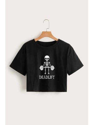 Cakkey Kadın Deadlift Baskılı   Siyah Crop Tişört