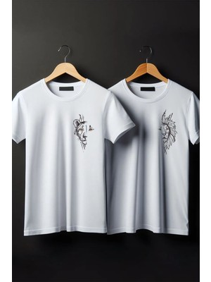 Cakkey Aslan Çiftler Baskılı Oversize Sevgili Kombini / Sevgililer Günü Hediyesi/ Doğum Günü Hediyesi