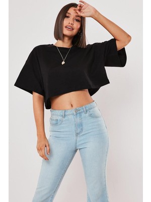 Cakkey Siyah %100 Pamuk Bisiklet Yaka Crop T-Shirt