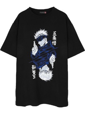 Cakkey Oversize Anime Jujutsu Kaisen Gojo & Itadori Baskılı Siyah Tişört