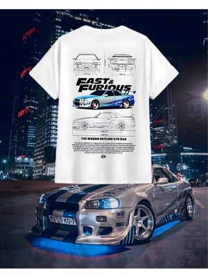 Cakkey Hızlı ve Öfkeli Nissan Skyline Gtr R34 Baskılı Oversize T-Shirt