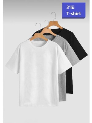 Cakkey Beyaz-Gri-Siyah (Bol Kalıp) Oversize 3'lü T-Shirt Paketi