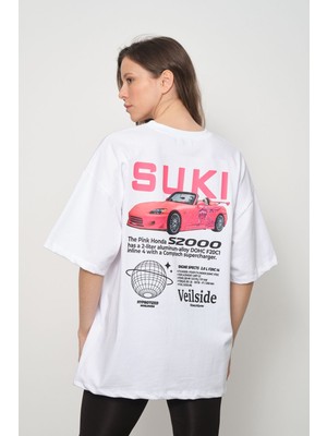 Cakkey Suki Bullet Skyline S2000 Sırt Baskılı Couple Oversize  Tişört Beyaz