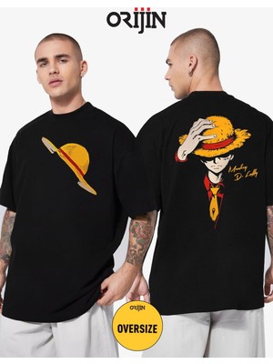 Cakkey One Piece Monkey D. Luffy Hat Ön Arka Baskılı  Oversize Siyah Tshirt