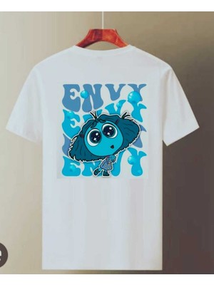 Cakkey Beyaz Ters Yüz Karakterleri Ön Arka Baskılı Oversize Unisex Tshirt