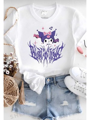 Cakkey Japon Karakter Kuromi Baskılı Oversize Rahat Kalıp Tshirt