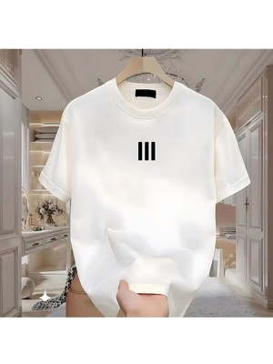 Cakkey 3 Çizgi Baskılı Beyaz Erkek TShirt İnce Oversize Kısa Kol Örme Kumaş