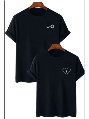 Cakkey T-Shirt Sevgili Çift Kombini Siyah Oversize Baskılı Bisiklet Yaka Pelna