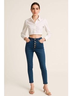 Yüksel Bel Dar Paça Kadın Skinny Jean Koyu Mavi