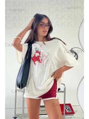Cakkey Melek ve Şeytan Baskılı Oversize T-Shirt