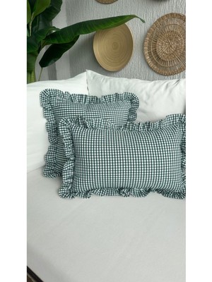 Pamuk Keten Yeşil Mini Pötikare Fırfırlı Kırlent Kılıfı 1 Ad