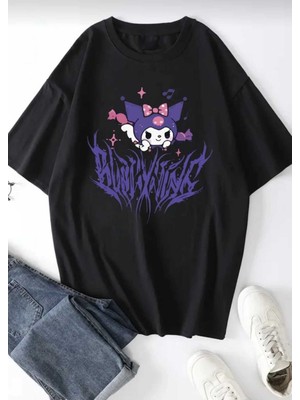 Cakkey Japon Karakter Kuromi Baskılı Oversize Rahat Kalıp Tshirt