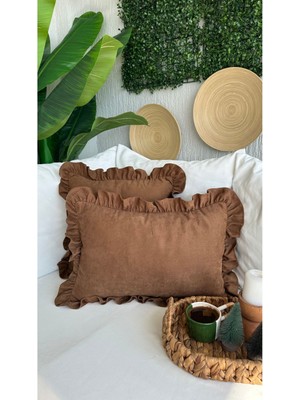 Decamor Home Çikolata Kahverengi Vıntage Fırfırlı Kırlent Kılıfı 1AD Leke Tutmayan Kumaş